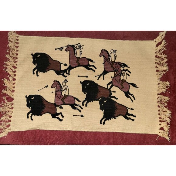Placemat or Rug Co 19x13" Cotton Stencil Southwestern Native American  Fringed - Picture 1 of 3